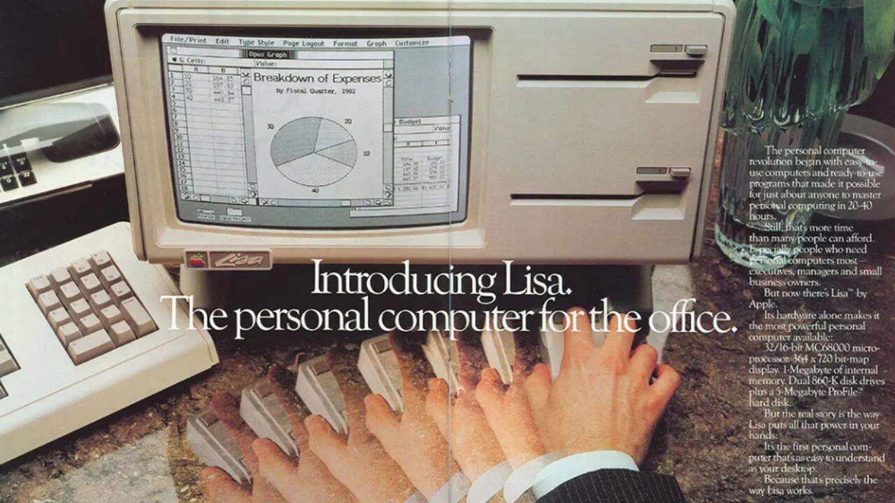 Brochure showing Lisa 1 screen and Twiggy floppy drives