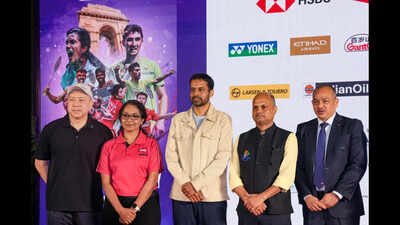 India's doubles coach Tan Kim Her, left, chief coach Pullela Gopichand, centre, BAI General Secretary Sanjay Mishra, second right, and others. (PTI Photo) 'Completely transformed': BAI promises best-ever BWF World Championships after India Open controversy