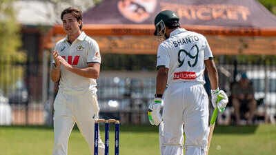 Campbell Thompson celebrates after taking the wicket of Bangladesh captain Najmul Hossain Shanto. (Pic credit: Jack Riddiford/X) Bangladesh crash to 54 against CA XI: Coach Simmons admits 'it wasn't nice' ahead of Australia Tests
