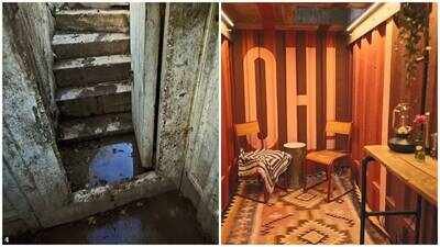 A forgotten WWII bomb shelter gets a glamorous new life as a hidden home bar. (Photo: Channel 4) Couple uncover hidden Second World War bomb shelter in garden during £780,000 Canterbury home renovation and transform it into a glitzy bar