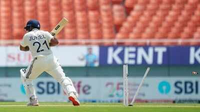 India's Dhruv Jurel gets bowled by Afghanistan's Mohammad Saleem on day two of a Test cricket match between India and Afghanistan, in Mullanpur. (PTI) Dhruv Jurel at a crossroads in Galle: Time to turn promise into permanence