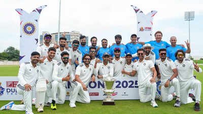 Central zone's capatin Rajat Patidar with teammates celebrate after his team won the Duleep Trophy 2025 final (PTI Photo) Duleep Trophy final may shift from Bengaluru CoE, spectators likely to be allowed