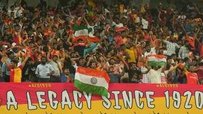 East Bengal FC supporters wave the Indian tricolours during the AFC Champions League Two preliminary-stage knock-out football match between East Bengal FC and Kuwait's Al Arabi SC, in Kolkata, West Bengal. (PTI Photo) East Bengal run riot in extra time, stun Al Arabi 4-1 to reach AFC Champions League Two group stage