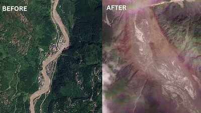 A combination of satellite images shows the valleys near the Nepal-China border on August 23, 2026, before the devastating floods and on August 26, 2026, after the disaster. (Photo: Reuters) Before and after: Satellite images show how Nepal’s green mountainside turned into debris field