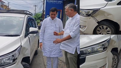 Garhwal MP Anil Baluni narrowly escaped a falling boulder near Totaghati BJP MP Anil Baluni has narrow escape as boulder crashes onto car near Rishikesh