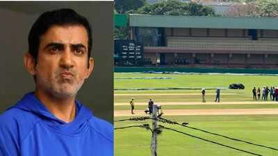 Gautam Gambhir's visit to Galle (Photo by PTI and TimesofIndia.com) Hours after Gautam Gambhir's visit to Galle, lawn mower hits the pitch