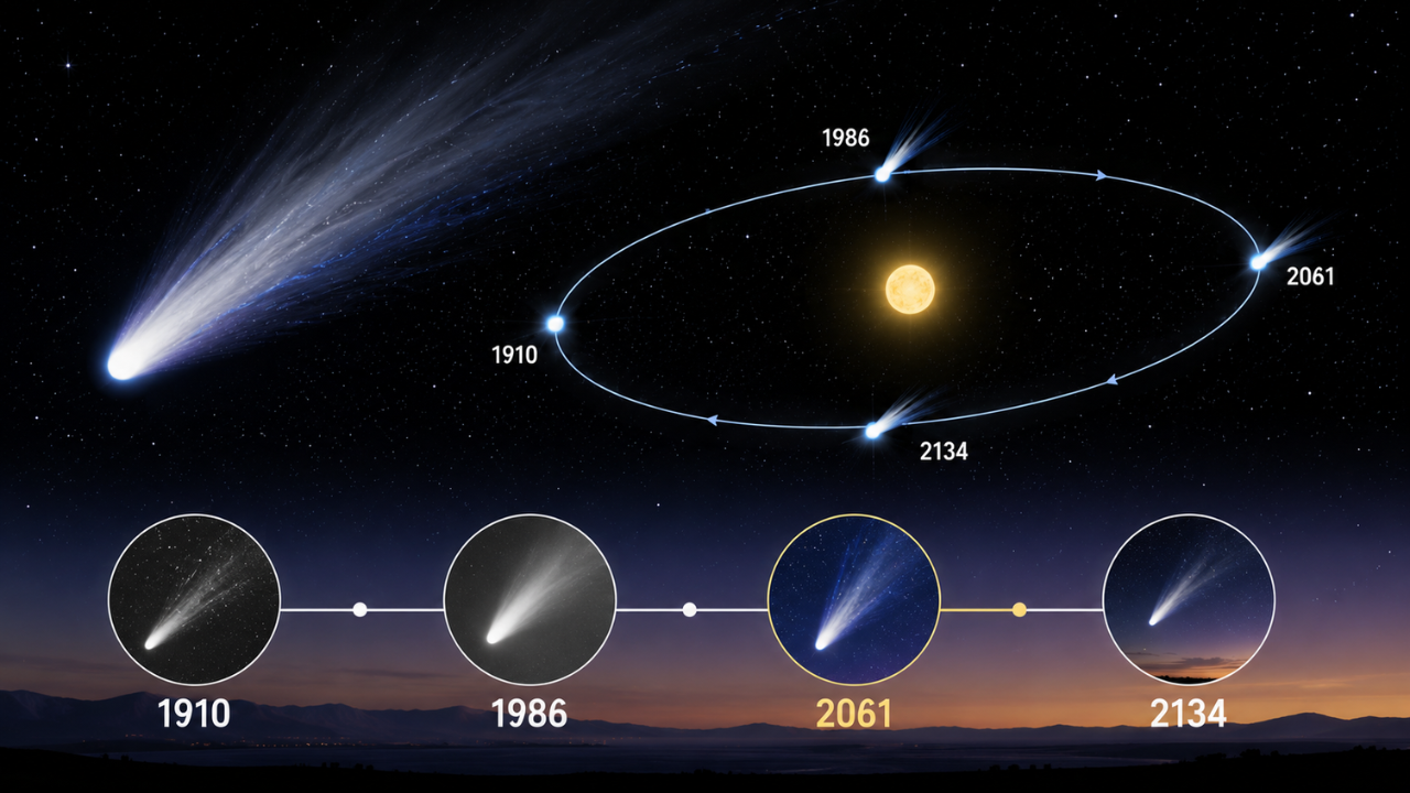 Halley’s Comet 76-year orbit and next return date in 2061<br>