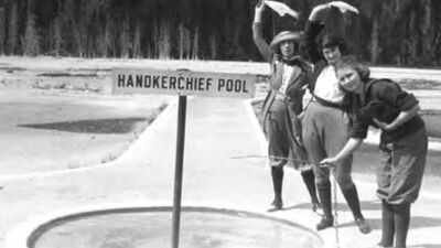 Handkerchief Pool was a visitor favourite for its ability to pull in handkerchiefs and return them washed and clean. (NPS photos) Yellowstone visitors once used Handkerchief Pool like a natural washing machine; after a log stopped its activity in 1926, a 1929 cleanup removed 1.5 bushels of debris, including 100-plus hairpins and a horseshoe