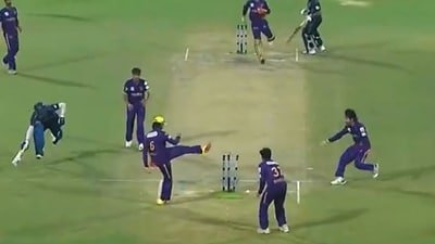 Himmat Singh effected a strange run-out in a DPL 2026 match. (Screengrab from X) Himmat Singh effected a strange run-out in a DPL 2026 match. (Screengrab from X)