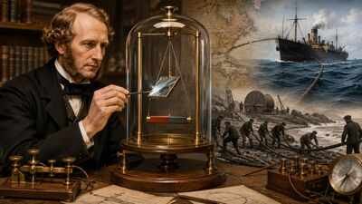 PC: AI Generated In 1854, William Thomson used a tiny mirror on a suspended magnet to help solve the problem of sending telegraph signals across the Atlantic
