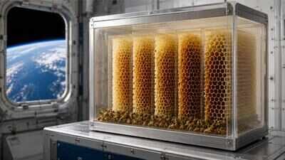 AI-generated image for representation purpose In 1984, NASA sent 3,301 bees into Space to test how they built honeycomb without gravity; from hitting on walls to building 200cm honeycomb; highlights of 7-day mission