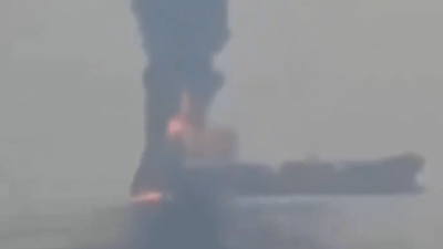 The Indian tanker on fire after being hit by projectile (Credit: PressTV) Watch: Indian cargo ship engulfed in flames and smoke after projectile strike off Yemen