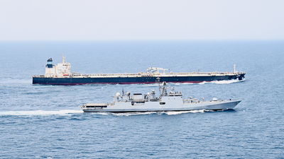 Indian Navy's INS Trishul escorts a ship near the Bab El Mandeb. (Image credit: Indian Navy) As Gulf tensions reach Bab el-Mandeb, Indian Navy escorts cargo ships through troubled waters