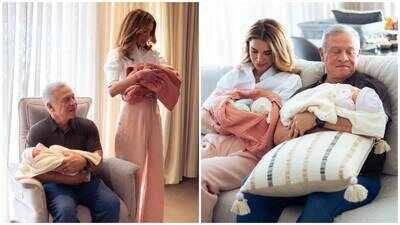 Jordan’s Queen Rania and King Abdullah II cradle newborn twin granddaughters Talia and Rania in their arms after Princess Iman welcomes daughters. Jordan's Queen Rania shares first photos of twin granddaughters Talia and Rania, cradles newborns; King Abdullah II joins after Princess Iman welcomes daughters