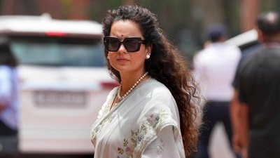 BJP MP Kangana Ranaut during the ongoing Monsoon session of Parliament, in New Delh. (PTI Photo/Arun Sharma)(PTI08_03_2026_000150A) (PTI)