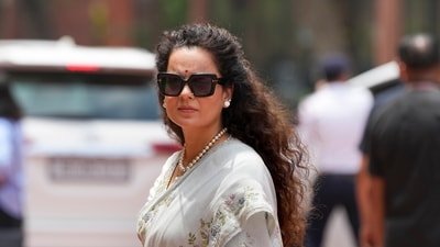 BJP MP Kangana Ranaut during the ongoing Monsoon session of Parliament, in New Delh. (PTI Photo/Arun Sharma)(PTI08_03_2026_000150A) (PTI) BJP MP Kangana Ranaut during the ongoing Monsoon session of Parliament, in New Delh. (PTI Photo/Arun Sharma)(PTI08_03_2026_000150A) (PTI)