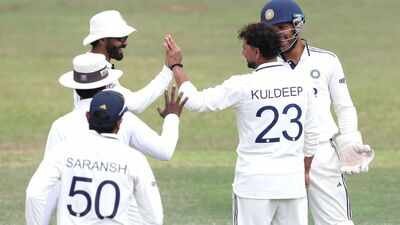Kuldeep Yadav celebrates his second wicket with Ravindra Jadeja and Dhruv Jurel on the opening day. (Photo: BCCI | X) India's day out in Colombo: Shubman Gill sidelined by injury as bowlers find rhythm after sluggish start