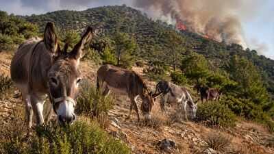 image Ai generated A Spanish woman turned 18 rescued donkeys into a wildfire-fighting team, with the animals grazing for up to 7 hours a day; her unusual conservation idea is helping prevent fires before they start