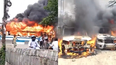 The incident occurred on NH-30 in the Chhoti Pahadi area on Friday morning Patna erupts after fatal bus accident; angry mob torches vehicles, storms police post