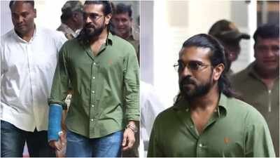 Ram Charan arrives in Hyderabad after Chiranjeevi's birthday celebrations. Ram Charan arrives in Hyderabad after Chiranjeevi's birthday celebrations; actor's bandaged hand grabs attention