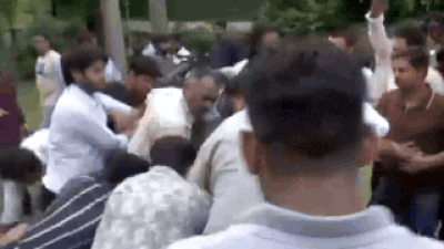 A scuffle broke out during Pappu Yadav's press conference after a man questioned him over the Ram Temple skit controversy. Watch: Clash erupts at Pappu Yadav's press meet; man carrying knife detained