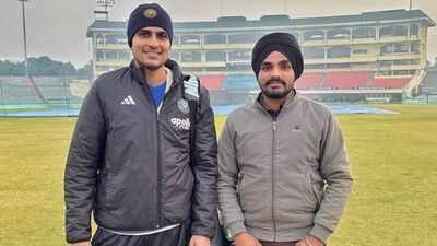 Shubman Gill with Kirandeep Singh at the IS Bindra PCA Stadium in Mohali. (Special Arrangement) Shubman Gill’s eye for talent: How a Mohali youngster’s life changed after one net session