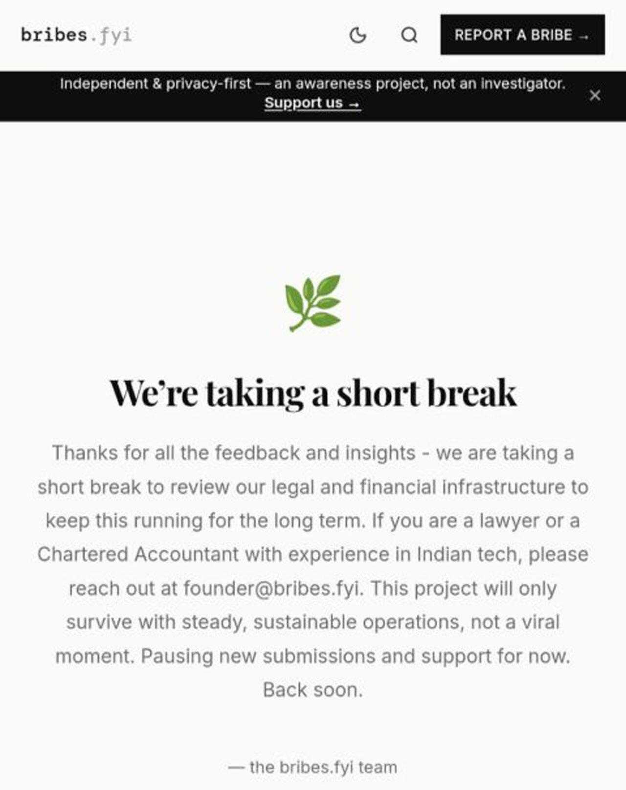 <strong>Aryan Nishad’s Bribes.fyi, an anti-bribery reporting website, shuts down after going viral and seeks legal, financial help to return</strong>