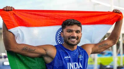Tejaswin Shankar celebrates after winning the bronze medal in the men's decathlon event. (PTI Photo) 'I gave up': Tejaswin Shankar's emotional confession after turning CWG heartbreak into historic bronze