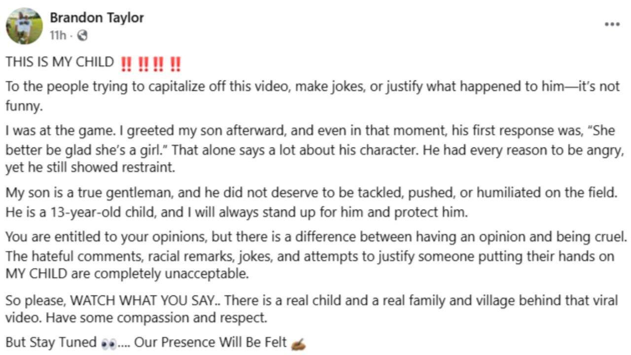 The father of the player who was tackled by Addison also spoke out in an FB post.
