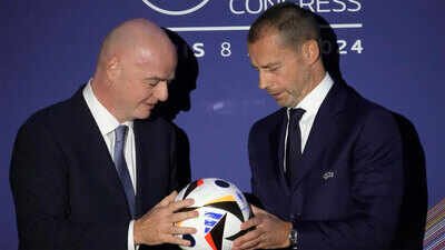 File Pic: UEFA president Aleksander Ceferin, right, and FIFA president Gianni Infantino. (AP Photo) UEFA president Aleksander Ceferin rules out FIFA bid, but warns Gianni Infantino: ‘Quit or face rival’