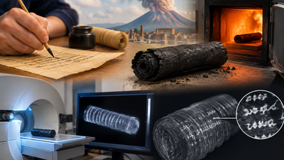 Representative Image (AI-generated) To help read 2,000-year-old scrolls burned by Vesuvius, Berkeley scientists had students write on modern papyrus, then burned it; leaded ink absorbed up to 25 times more X-rays than charred papyrus