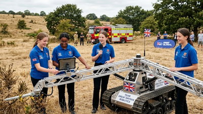 AI-generated image Five British schoolgirls aged 14 and 15 built a robot with five-metre folding arms designed to create wildfire firebreaks; their two-year-old robotics club is now representing Great Britain globally