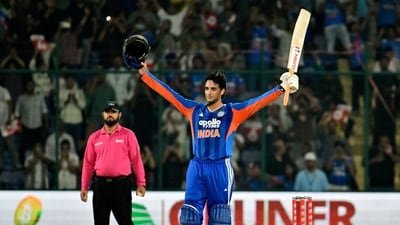 Abhishek Sharma, after his century against Afghanistan. (Rahul Singh) Abhishek Sharma, after his century against Afghanistan. (Rahul Singh)