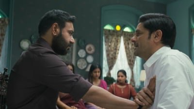 Jaideep Ahlawat and Ajay Devgn in a still from Drishyam The Conclusion.