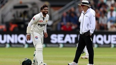 Pakistan's Imam-ul-Haq reacts to an injury on the opening day of the first test match between England and Pakistan at Headingley cricket ground (AFP)