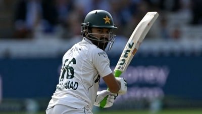 Pakistan's Mohammad Rizwan watches his shot go to the boundary on day two of the second test match between England and Pakistan at Lord's (AFP)