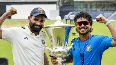 Chennai: East Zone's captain Ishan Kishan, right, and Mohammed Shami pose with the trophy after winning the Duleep Trophy 2026-27, in Chennai, Tamil Nadu, Thursday, Sept. 10, 2026. East Zone translated their complete dominance over the last 12 sessions into a Duleep Trophy victory after 13 years, overwhelming South Zone on the basis of a massive first innings lead on the fifth and final day of the final on Thursday. (PTI Photo/R Senthilkumar) (PTI09_10_2026_000171A) (PTI)
