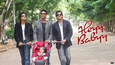 Riteish Deshmukh, Akshay Kumar and Fardeen Khan in a still from Heyy Babyy.