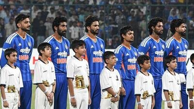 India players during the National Anthem ahead of the first T20I against Afghanistan at the Arun Jaitley Stadium. (Sanchit Khanna/HT)