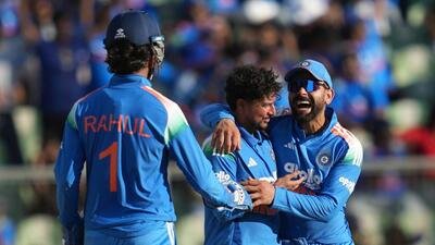 India's Kuldeep Yadav, centre, celebrate the wicket of West Indies Jewel Andrew. (AP Photo/Rafiq Maqbool) India's Kuldeep Yadav, centre, celebrate the wicket of West Indies Jewel Andrew. (AP Photo/Rafiq Maqbool)