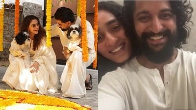 Nani and his wife, Anjana Yelavarthy, joined Keerthy and Antony Thattil over video call for Onam. Nani and his wife, Anjana Yelavarthy, joined Keerthy and Antony Thattil over video call for Onam.