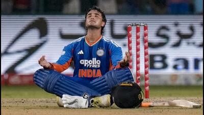 New Delhi: India's Abhishek Sharma reacts after his century during the third and final T20I cricket match between India and Afghanistan, in New Delhi, Thursday, Sept. 17, 2026. (PTI Photo/Money Sharma)(PTI09_17_2026_000382A) (PTI)