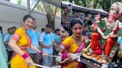 Shilpa Shetty dances to dhol beats at Ganpati Visarjan. Shilpa Shetty dances to dhol beats at Ganpati Visarjan.