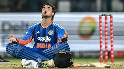 TOPSHOT - India's Abhishek Sharma celebrates after scoring a century (100 runs) during the third T20 international cricket match between India and Afghanistan at the Arun Jaitley Stadium in New Delhi on September 17, 2026. (Photo by Arun SANKAR / AFP) / -- IMAGE RESTRICTED TO EDITORIAL USE - STRICTLY NO COMMERCIAL USE -- (AFP) TOPSHOT - India's Abhishek Sharma celebrates after scoring a century (100 runs) during the third T20 international cricket match between India and Afghanistan at the Arun Jaitley Stadium in New Delhi on September 17, 2026. (Photo by Arun SANKAR / AFP) / -- IMAGE RESTRICTED TO EDITORIAL USE - STRICTLY NO COMMERCIAL USE -- (AFP)