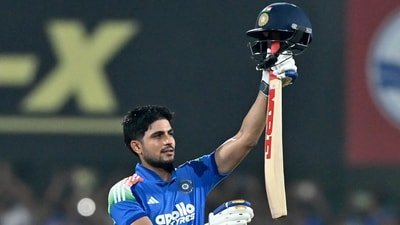 India captain Shubman Gill celebrates after scoring a double century in Guwahati on Wednesday. (AFP) India captain Shubman Gill celebrates after scoring a double century in Guwahati on Wednesday. (AFP)