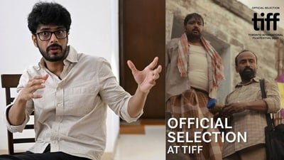 Writer-director Shaunak Sen and a poster from the film Termite featuring actor Faisal Malik and Valavane Koumarane as termite exterminators (Photo: Arun Sankar/AFP and Instagram)