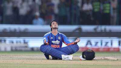 Abhishek Sharma (BCCI Photo) Abhishek Sharma pulls off yoga celebration after smashing fastest T20I century by Indian - WATCH