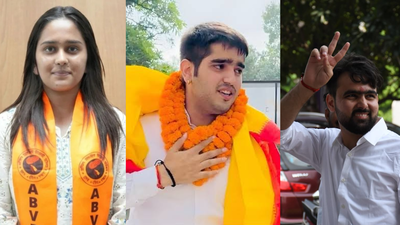 ABVP’s Yash Dabas (M) won the DUSU president’s post, while Deepanshu Shokeen (R) was elected vice-president and Riya Chhawdi (L) won secretary’s post DUSU Results 2026: ABVP wins 3 posts, NSUI rebel Deepanshu Shokeen bags vice-president seat
