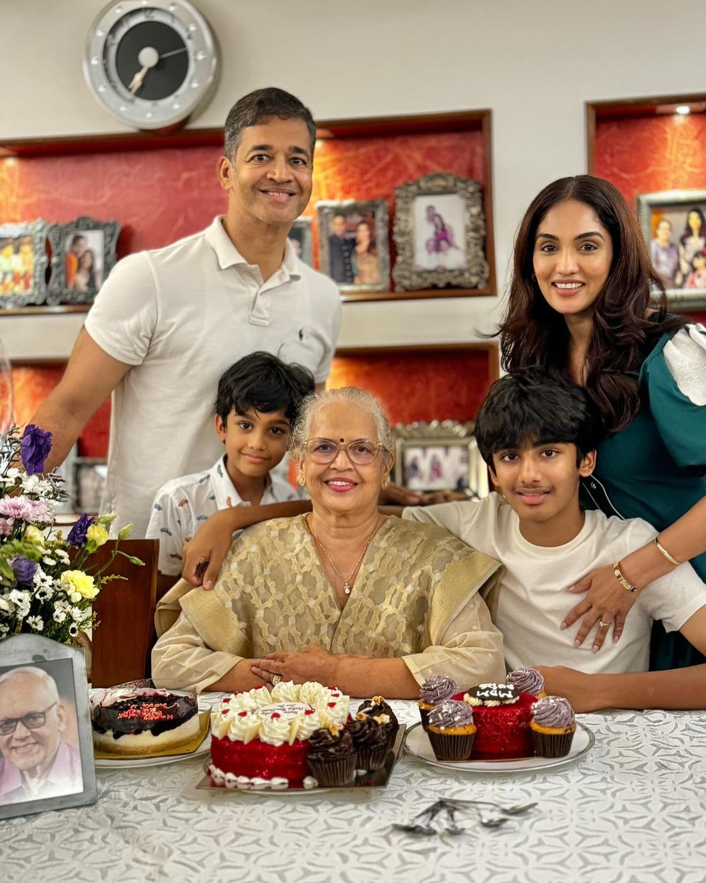 Aditya Rai poses with his wife Shrima Rai, sons Vihaan and Shivansh, and mother Vrinda Rai in a rare family moment.