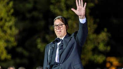 Serbian President Aleksandar Vucic waves to citizens outside the Presidency of Serbia moments before formally submitting his resignation. Aleksandar Vucic steps down as Serbia’s president, eyes prime minister’s post in October election
